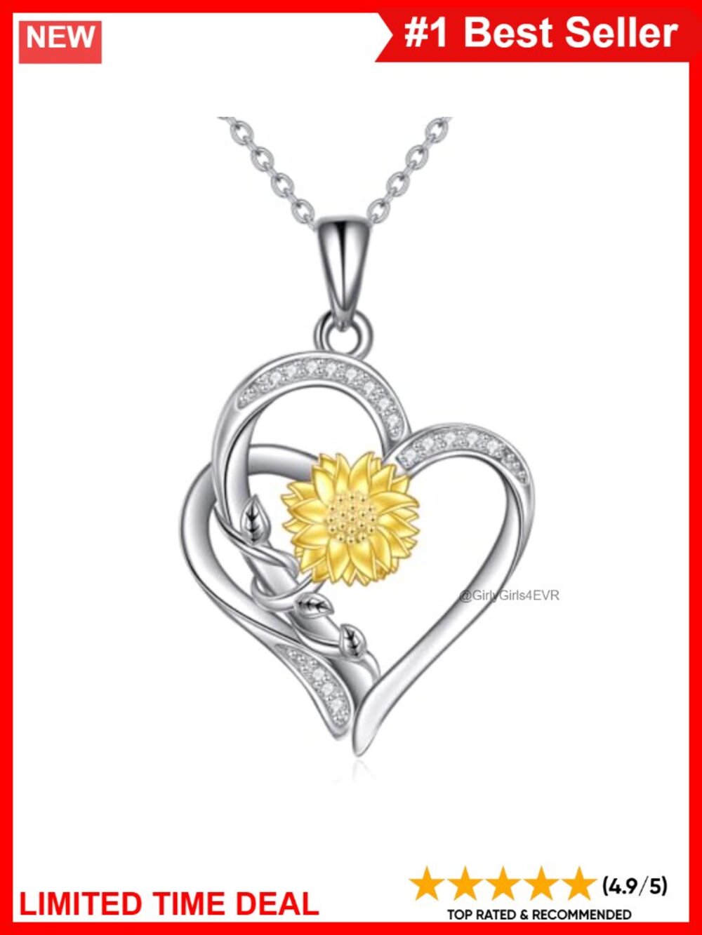 18K Gold Plated Sterling Silver Diamond Sunflower Heart Pendant Necklace